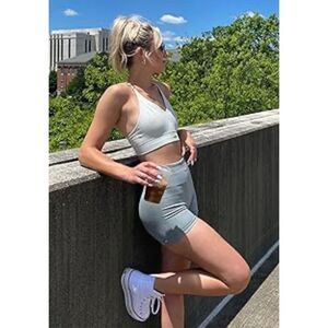 Fresought Grey high-waisted seamless sportswear shorts, Size Women’s Large #acti